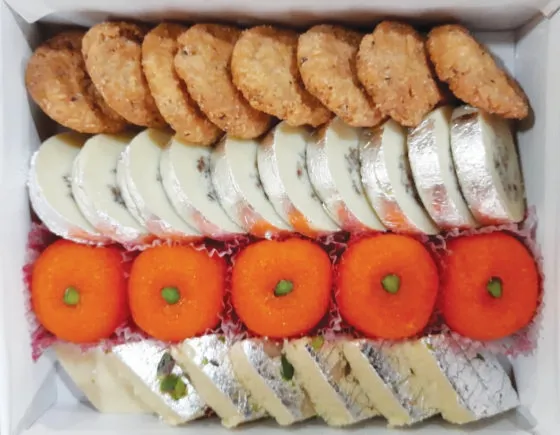 Malai Burfi, Orange Laddu, Gulkand Roll, Mathri